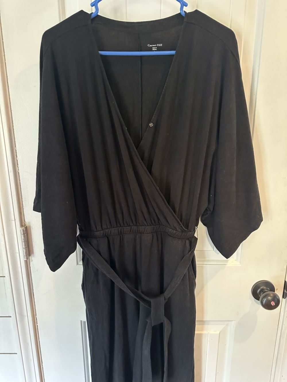Garnet Hill Black Wrap V-Neck kimono Wide-Leg cropped Jumpsuit - Picture 4 of 7